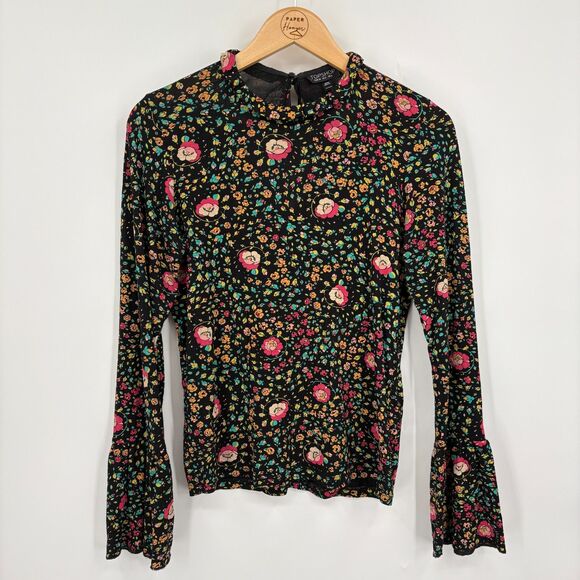 Topshop Floral Bell Sleeve Stretch Knit Boho Top Sz 2, Tie Back Hippie Whimsical - Picture 2 of 10
